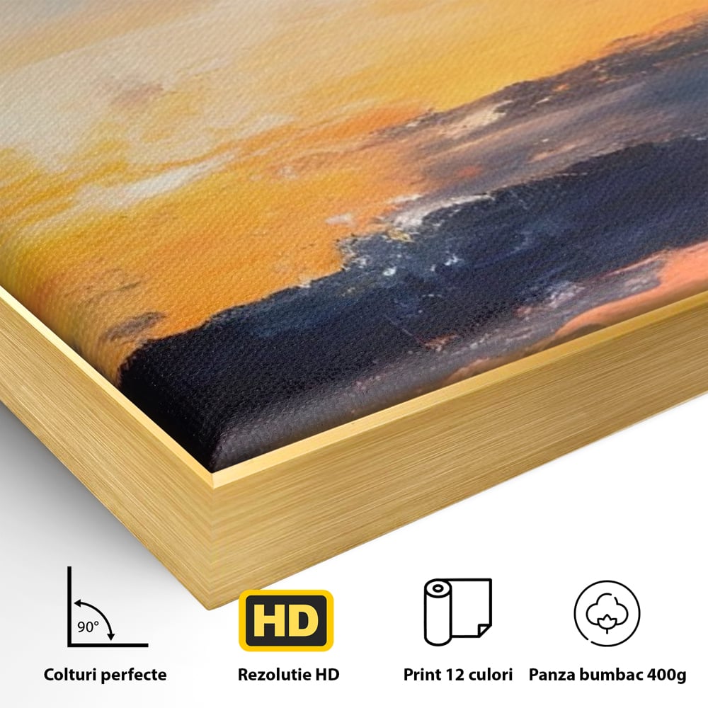 Detaliu al suprafetei: tablou canvas cu apus abstract, in rama de aluminiu auriu